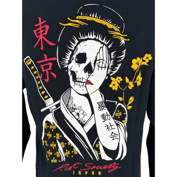 Riot Society Black L/S Skull & Floral Graphic Print Tee | Streetwear Grunge Moto - Picture 3 of 13